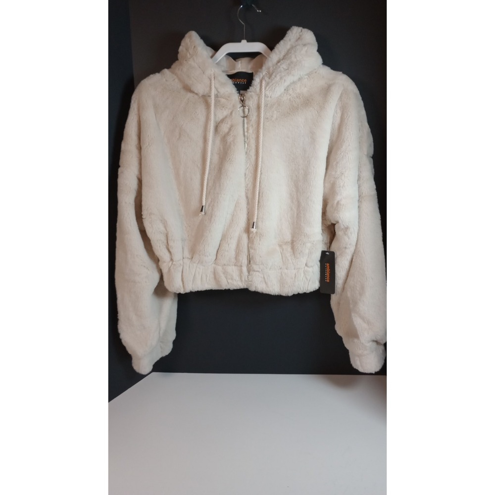 NWT Ambiance Outerwear Ivory Soft Furry Crop Jacket Sz L Teddy Bear Cozy Chic